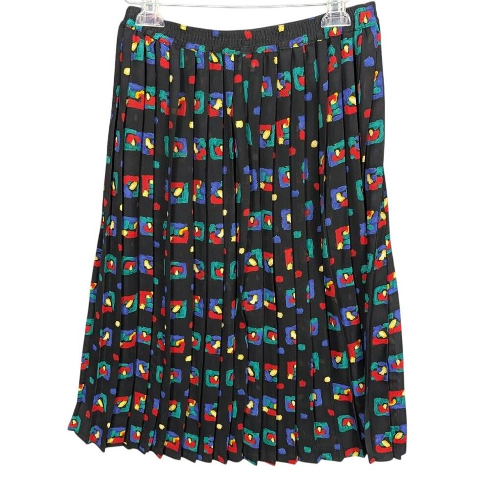 Alfred Dunner Skirt Womens 16 Black Pleated Elastic Waist Abstract Knee Length
